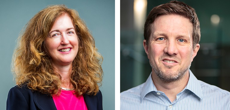 Pictured: On the left, a smiling woman with long, red hair, a blue jacket and a pink silk short. On the right: A smiling man with short, blonde hair, blue eyes and a blue lined shirt.