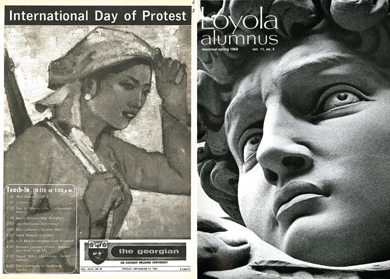 The collection includes long-running publications such as The Loyola News (1938-1969) and The Georgian (1936-1970). Pictured: Archive black and white images of old university publications.