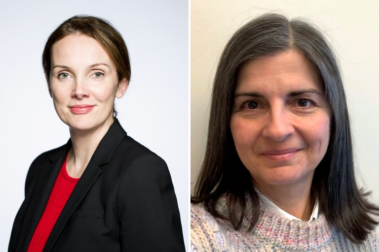 Diptych of a smiling woman with tied-back long hair, a red top and a black suit jacket next to a smiling woman with long, greying dark hair and a woolen sweater.