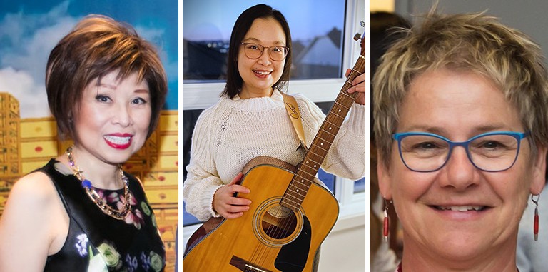 Pictured: Three woman in a triptych, two Asian women, one holding a guitar, and on the far right, a white woman with short blonde hair and glasses.