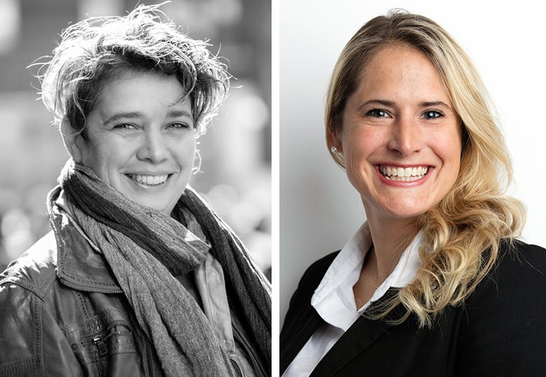 Two portraits of women side by side. On the left a black-and-white photo of a smiling woman with short, tousled hair. On the right, a smiling woman with long, blonde hair.