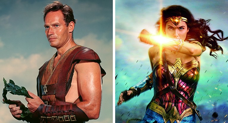 On the left, a man in a sleeveless leather jerkin holding a wreath. On the right: Wonder Woman — a woman with gold bracelets and long dark hair.