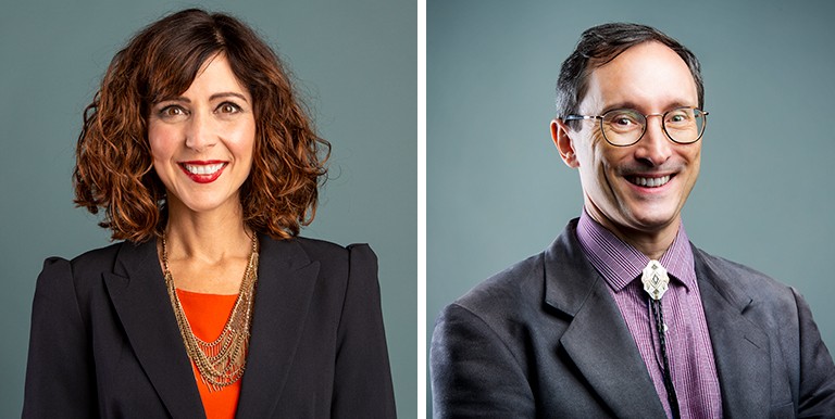 On the left: Smiling woman with shoulder-length, curly hair. On the right: Smiling man with short, dark hair and glasses.