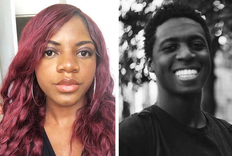 Astrid Aguy and Jonathan Dessalines: “I’ve learned a lot of things and I practice every day.” On the left, a Black woman with long, red hair and on the right, a Black, smiling man with short, dark hair and a black T-shirt.