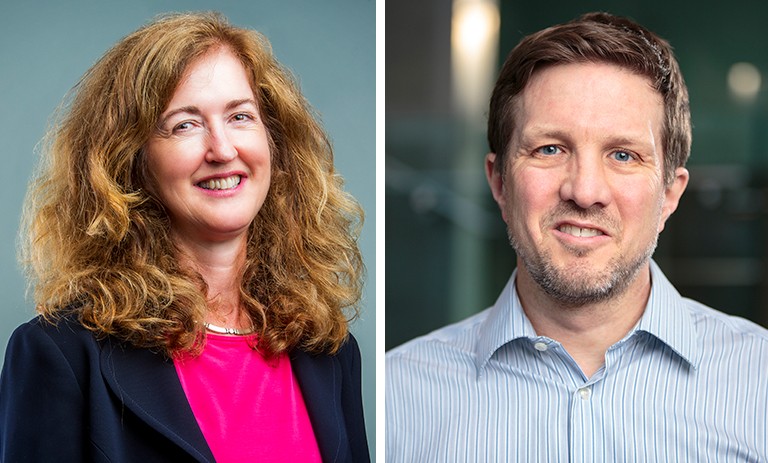 Monica Mulrennan and Jason Ens On the left, a woman with long, curly red hair. On the right, a man with short, dark hair.