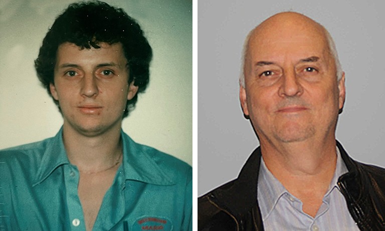 Diptych image of the same man — on the left, a young man with short, dark hair, on the right, an older man with very short, grey hair.