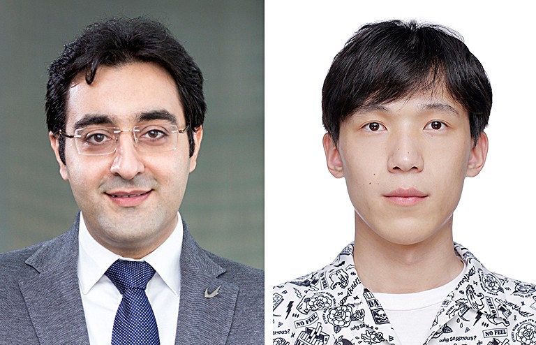 Amir Hooshiar and Zhikun Chen. Portraits of men side-by-side. On the left: A man with short, dark hair and rim-less glasses, a tie and a dress shirt and jacket. On the right: A young Asian man with short, dark hair.