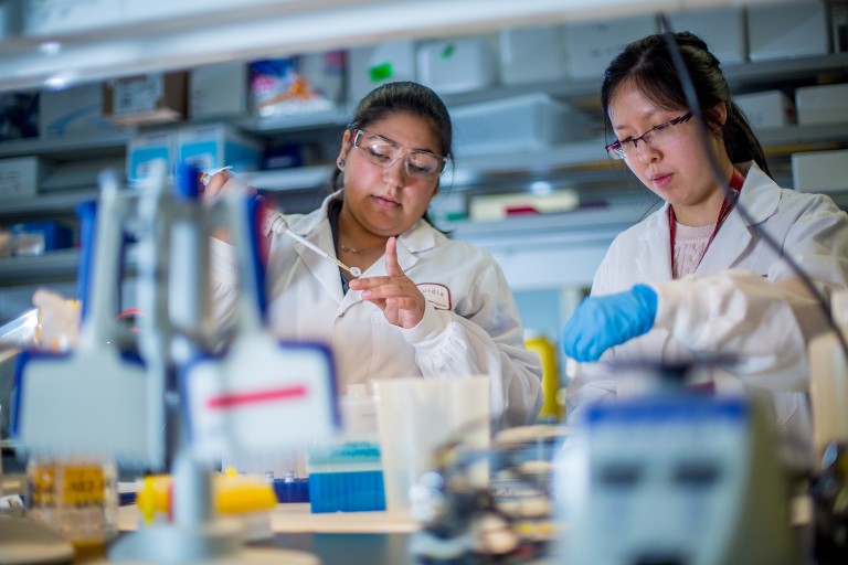 Two women wearing glasses and white lab coats working in a lab