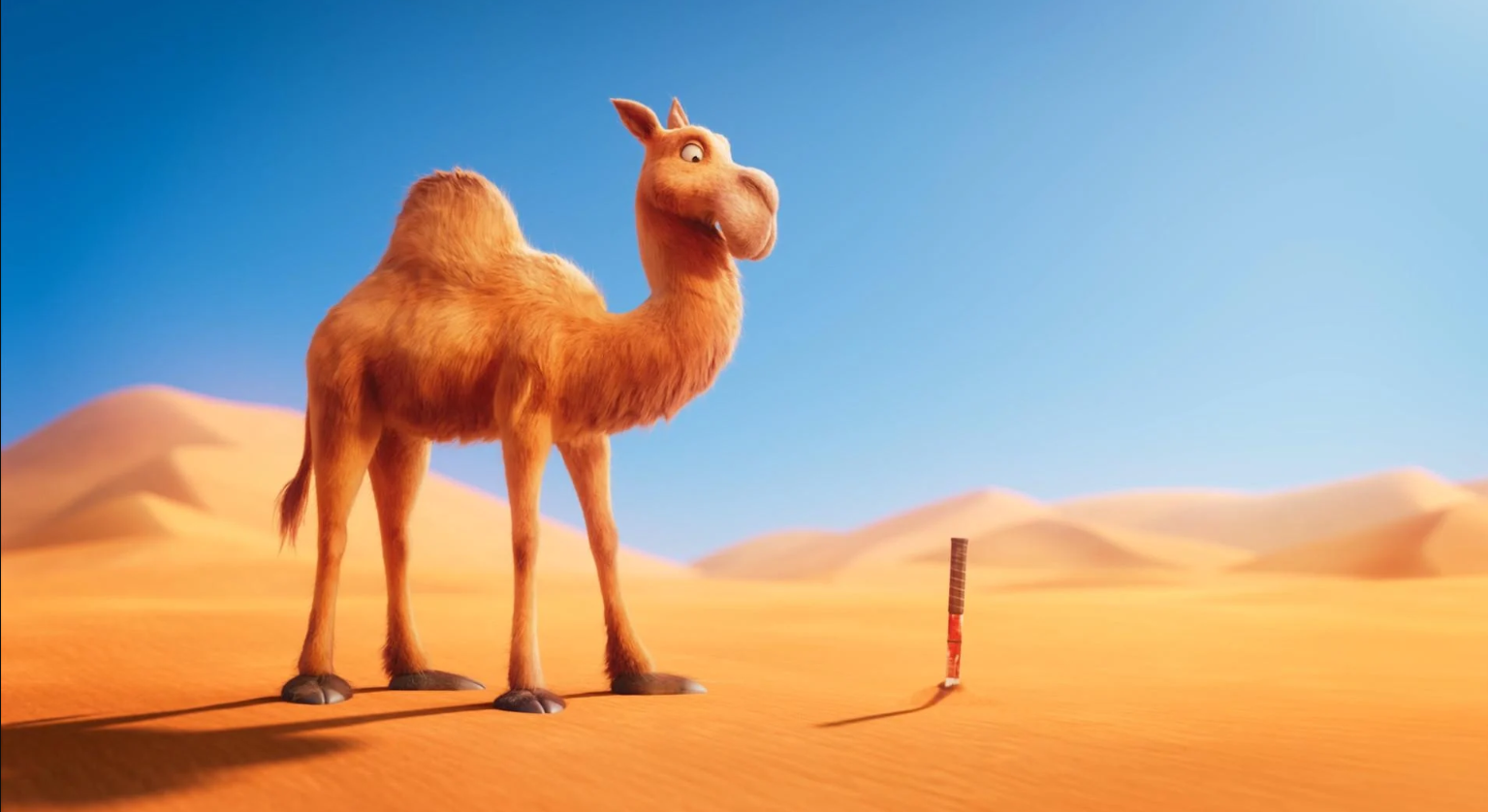 3D illustration of a camel in the dessert looking at an object partially buried in the sand.