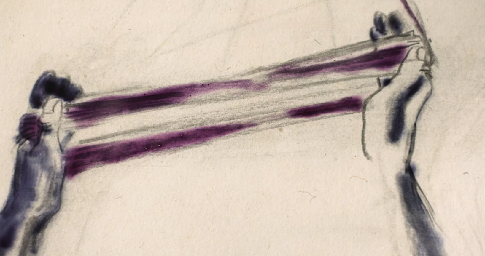 Illustration of two hands sketched in black. They're spread out from each other, with a purple material wrapped around.