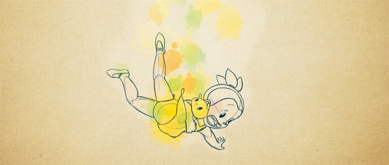 Animation of little girl falling downward while holding little creative in her arms