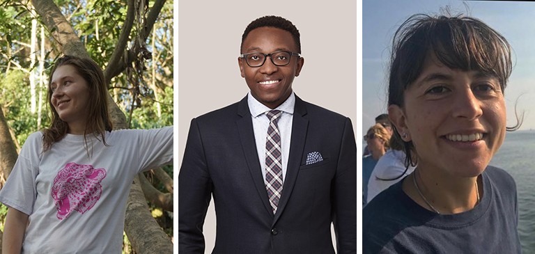 From left: Lidiya Beida in the Peruvian rainforest, Moses Gashirabake and Clea Montanari. A triptych: On the right, a young woman with long, blonde hair standing in a forest, in the middle, a young Black man in a dark suit and on the right, a smiling woman with tied-back brown hair.