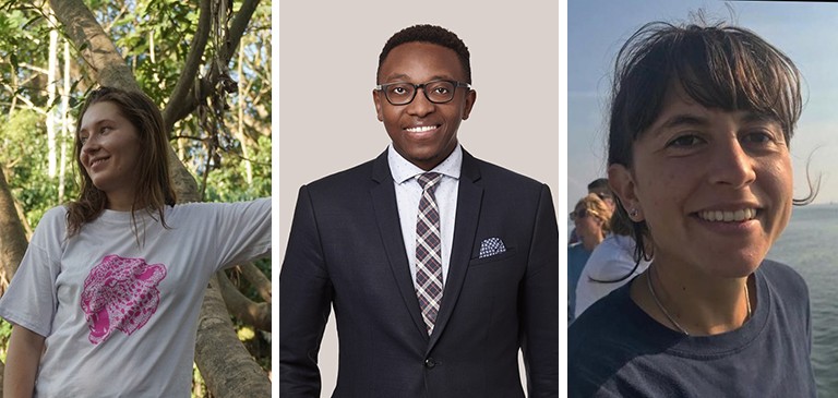 A triptych: On the right, a young woman with long, blonde hair standing in a forest, in the middle, a young Black man in a dark suit and on the right, a smiling woman with tied-back brown hair.