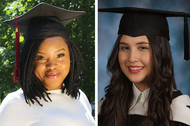 A diptych image: On the left, a smiling Black woman wearing a mortarboard hat with a red tassle and a white top; on the right, a smiling woman with long dark hair wearing a mortarboard hat and a graduation gown.