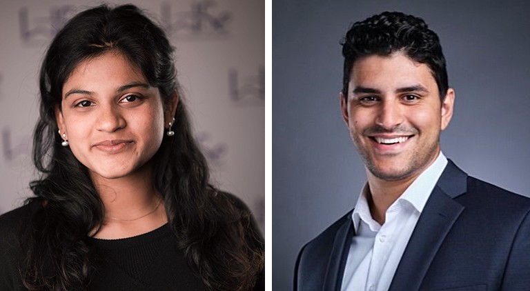 A diptych of two people: On the left, a young Indian woman with long, dark hair. On the right, a smiling young man with short, dark hair, a dress shirt and suit jacket.