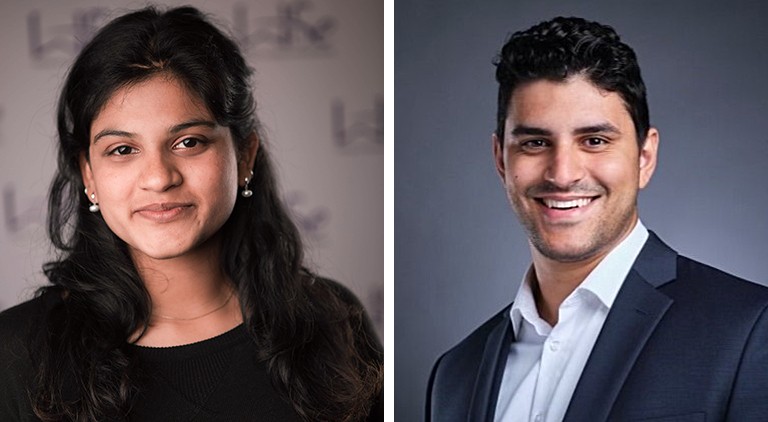 Riya Dutta and Gabriel Safi. A diptych of two people: On the left, a young Indian woman with long, dark hair. On the right, a smiling young man with short, dark hair, a dress shirt and suit jacket.