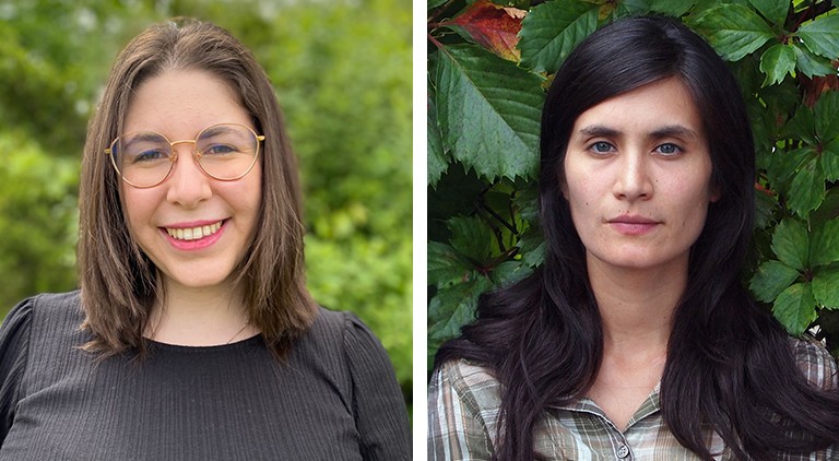 A diptych of two women: On the left, a young woman with shoulder-length straight hair and glasses. On the right, a young woman with long, straight, black hair, wearing a plaid shirt.