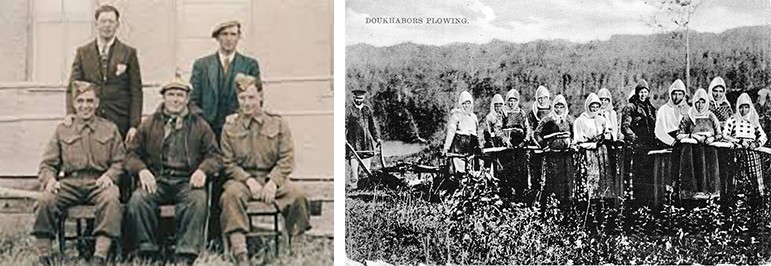 Archival photos: On the left, a man seated with his four sons. On the right:  A group of Doukhobors, Russian exiles who had recently arrived in Canada, in a field with their plow.