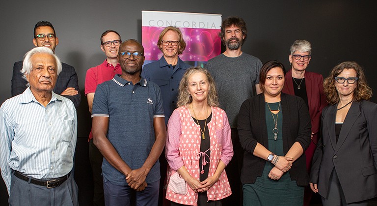 Back row, from left: Emad Shihab, Bonnie Harnden, Charles Acland, Kregg Hetherington and Catherine Mulligan. Front row, from left: Srikanta M.N. Swamy, Prosper Dovonon, Bonnie Harnden, Heather Igloliorte and Dominique Bérubé. A group of diverse men and women standing in two rows and smiling for the camera.
