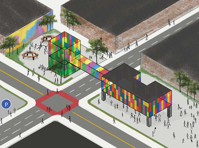 Eco Trio’s winning concept Graphic representation of a city block with buildings