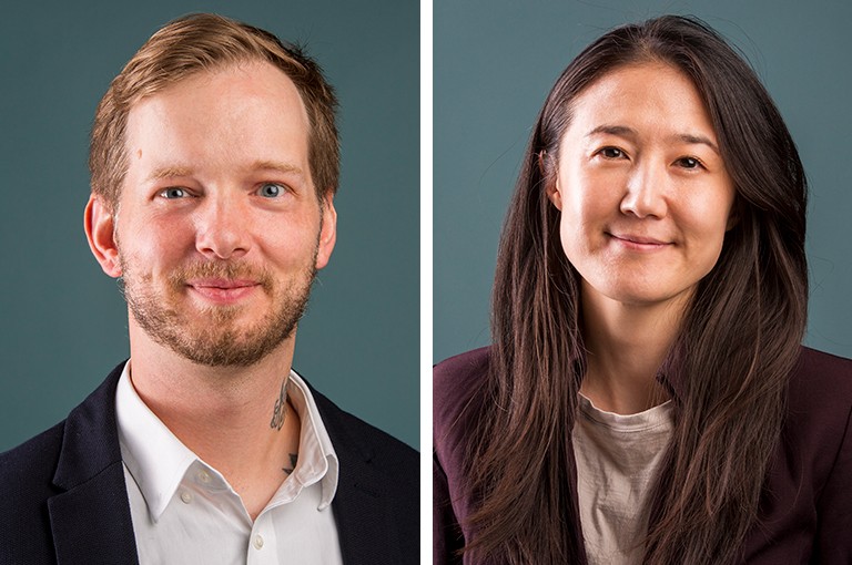 On the left, a smiling man with blond hair and blue eyes. On the right, an Asian woman with long, dark hair.