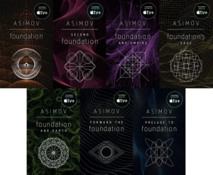7 book covers each black with an abstract illustration at the bottom