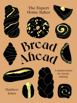 book cover showing black-and-yellow illustrations of 9 pastries or baked goods