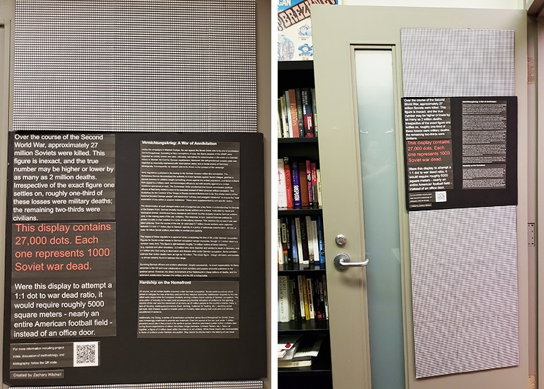 Student Zachary Mitchell found a way to conceptualize the horror of the millions of Soviet deaths during WWII. Poster on an office door that's covered in tiny dots