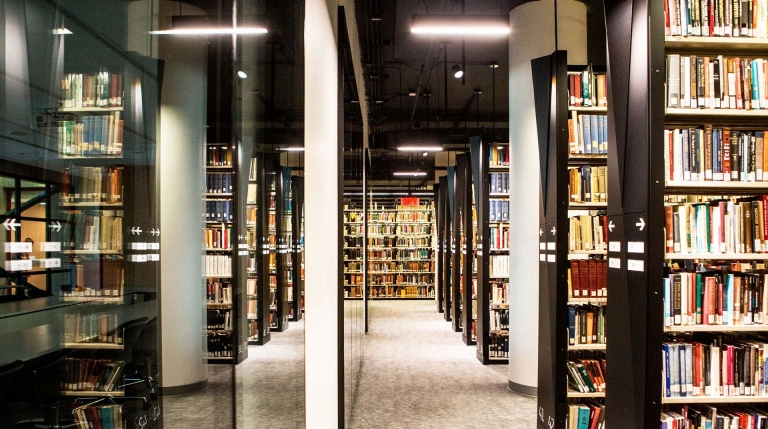 Concordia Webster Library Rows of tall bookcases in a library