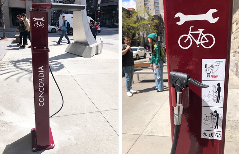 Among the initiatives to become even more bike-friendly, Concordia has opened repair stations on each campus. A diptych image of red bicycle repair stations on a city street.