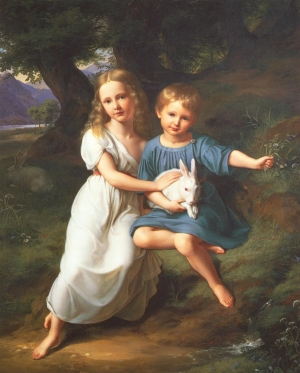 A painting of two children, with the boy holding a bunny