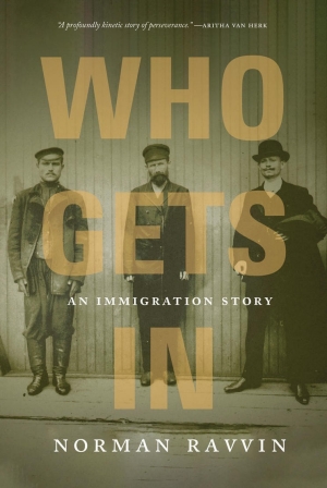 Sepia coloured book cover with the words "Who Gets In" and picturing one soldier and two men in old-fashioned clothing.
