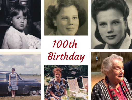 A collage of six images of the same woman from different stages in her life, from a young girl to an old woman.