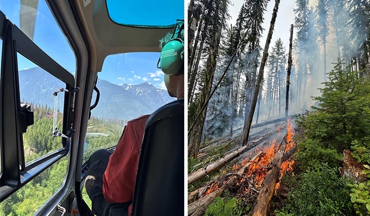 Diptych image: On the left, a young man seen from behind, sitting in a helicopter cockpit. On the right, a fire in a forest. 