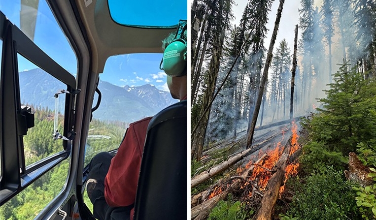 Noah Larocque: “We are working 16 hours a day, in a cycle of 14 days on and two days off. It’s been insanely busy.” | Photos: BC Wildfire Service Diptych image: On the left, a young man seen from behind, sitting in a helicopter cockpit. On the right, a fire in a forest.