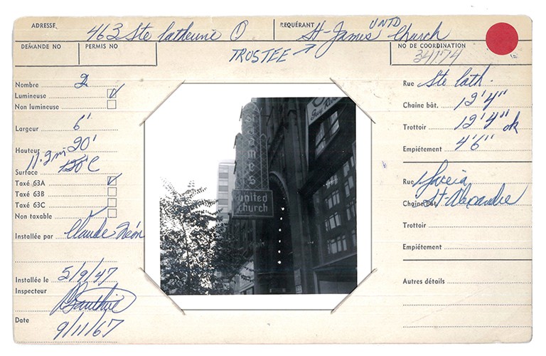 Inspection card for the St. James United Church neon sign. | Photo courtesy of Ville de Montréal An archive image of an inspection card, with handwriting on it and a black and white photo of city buildings