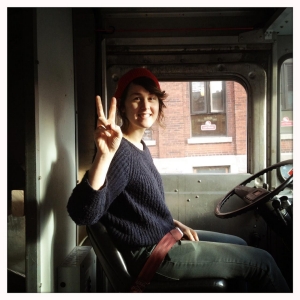 Chrissy Durcak sitting in a Dispatch coffee truck.