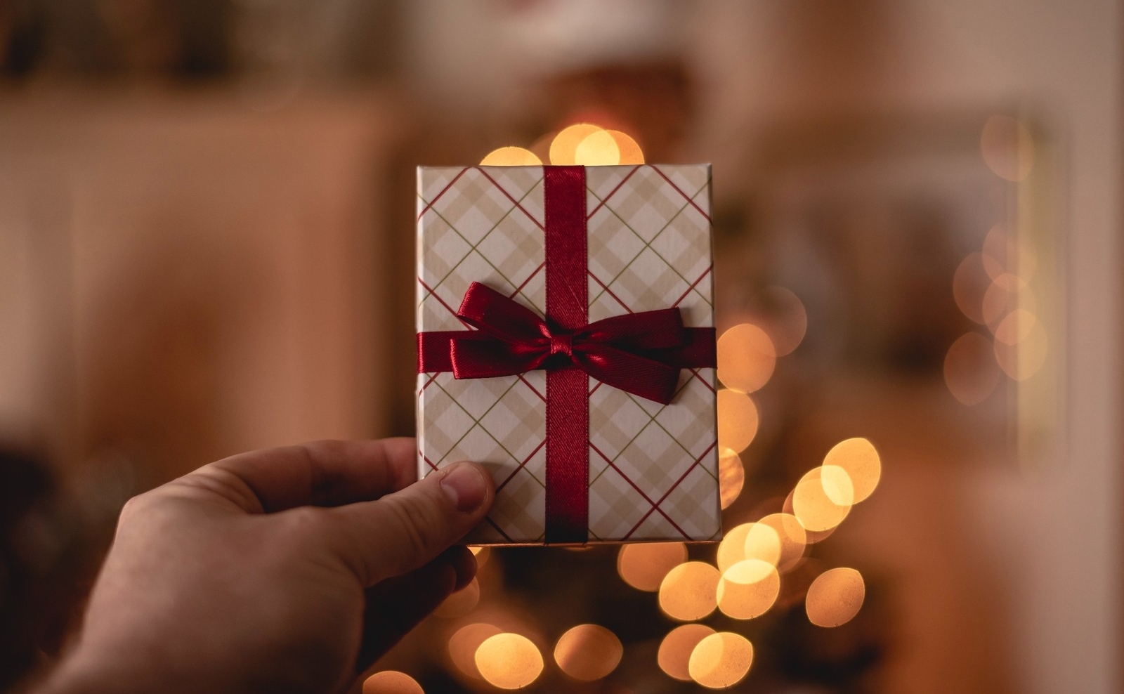 Image of a hand holding a small, square gift wrapped in red ribbon