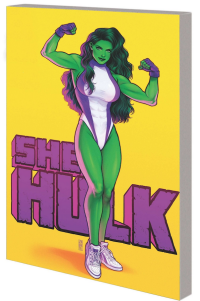 She Hulk comic book cover features an illustration of a woman with green skin in white body suit