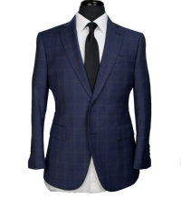 Men's blue suit jacket with white collard shirt and black tie pictured on a bust