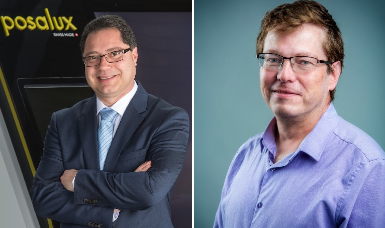 A diptych of two men, one wearing a suit and tie with a Posalux SA logo in the background and the other wearing a blue dress shirt