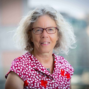 Portrait of a woman with wavy gray hair, wearing a red-print blouse