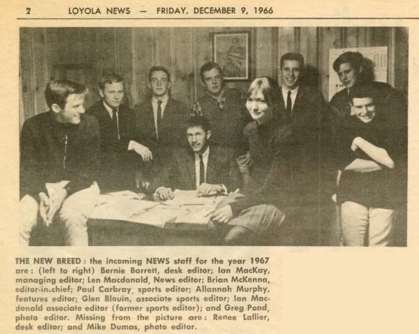 A newspaper clipping featuring a black and white photos of staff members of Loyola News