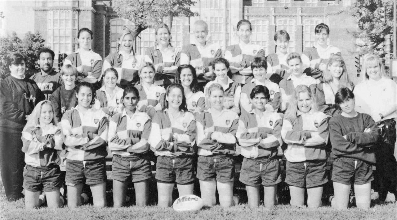 A black and white yearbook photo of Concordia's 1994 women's rugby team 