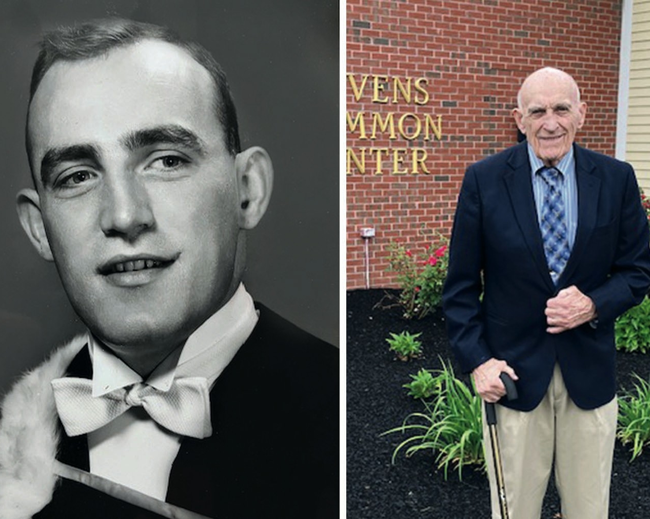 Diptych of a man picture in 1954 in a black and white image on the left and in in a colour photo on the right today. 