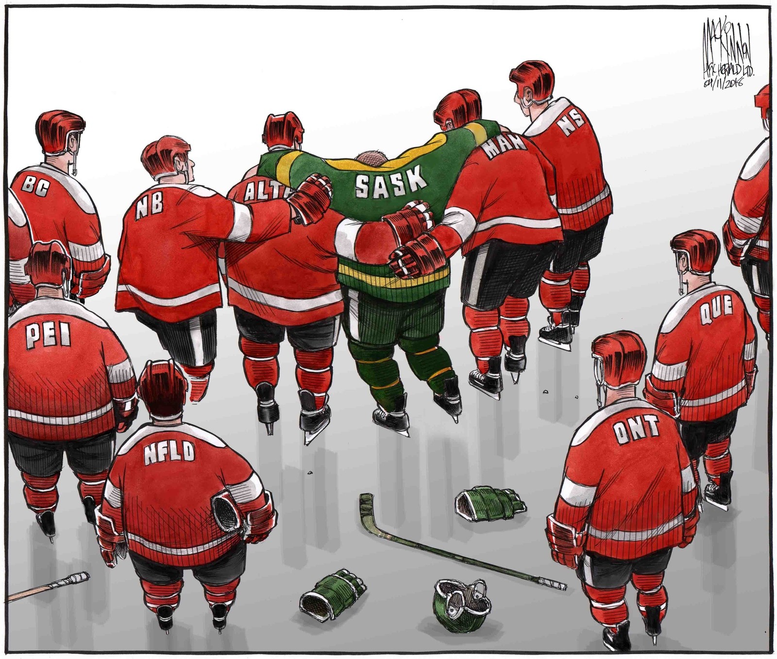 A newspaper illustration by Bruce MacKinnon that shows hockey players in red supporting a Humboldt Broncos player, in honour of the April 2018 bus crash that killed 16 players