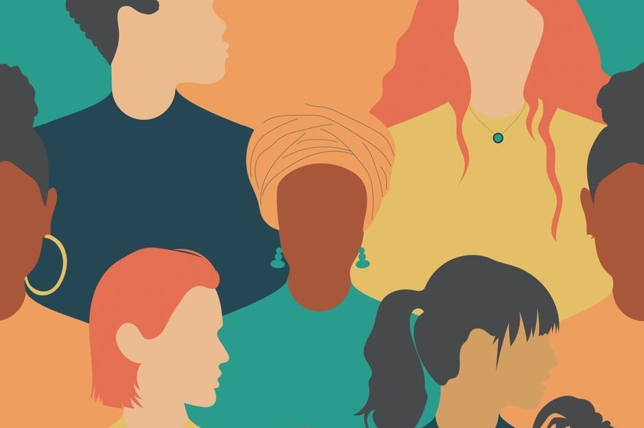 Illustration of a diverse group of stylized people with various skin tones and hairstyles, portrayed in profile. The figures are set against a background of warm pastel colors, conveying a sense of community and inclusivity.