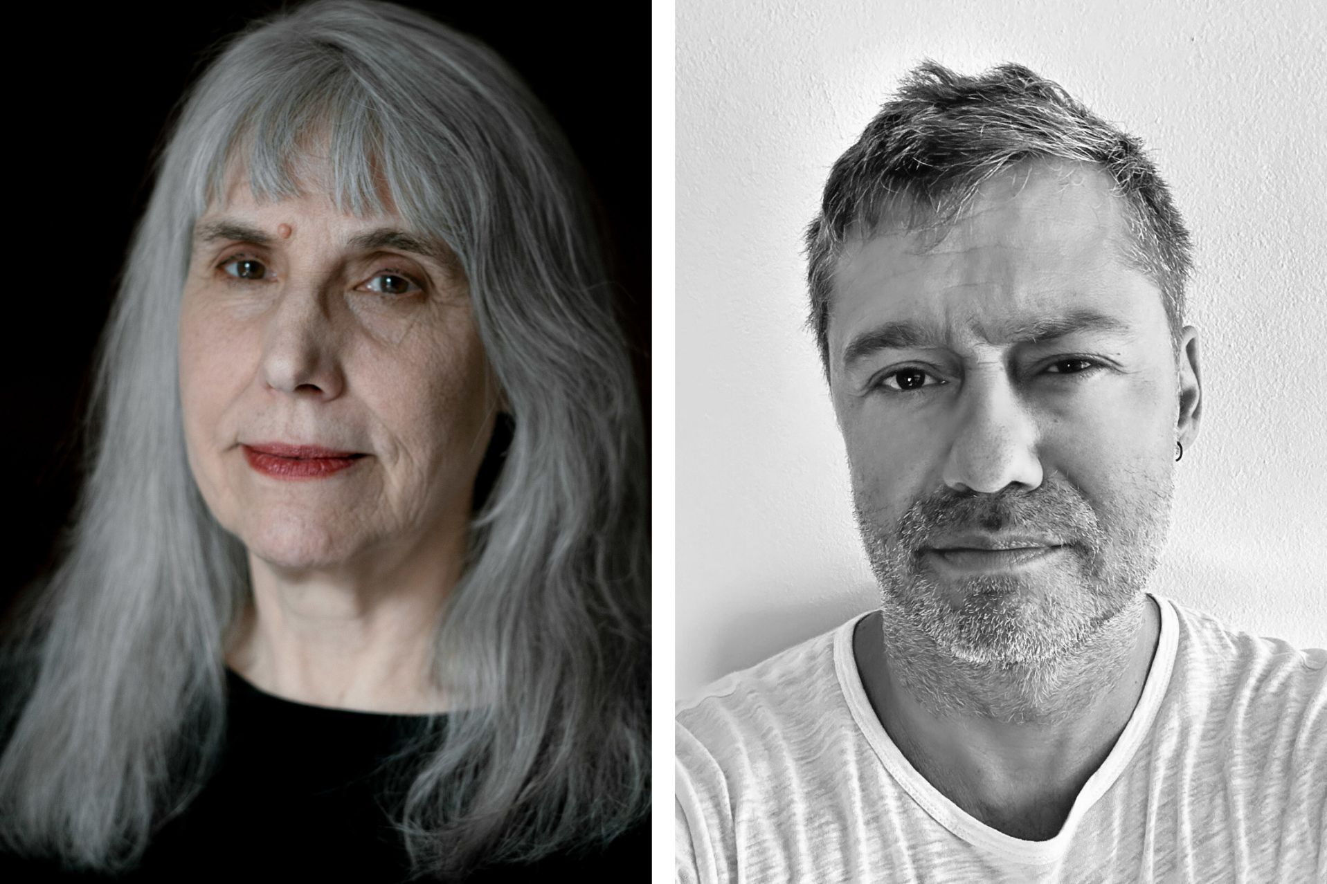 Two portraits: the first is a long-haired woman wearing a black top, and the second, a bearded man with an earring, wearing a T-shirt