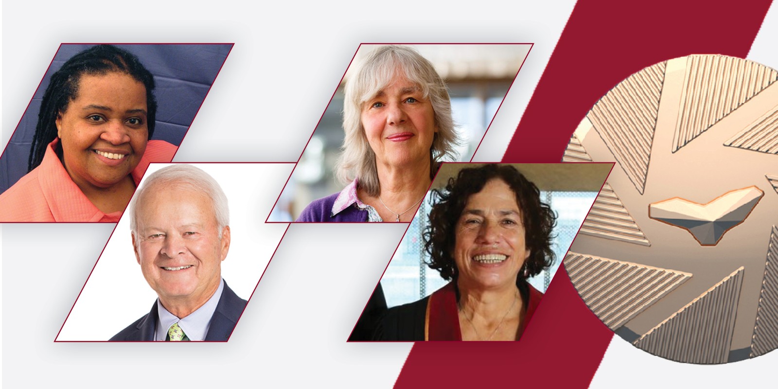 Collage featuring headshots of three women and one man along with the Order of Montreal medal