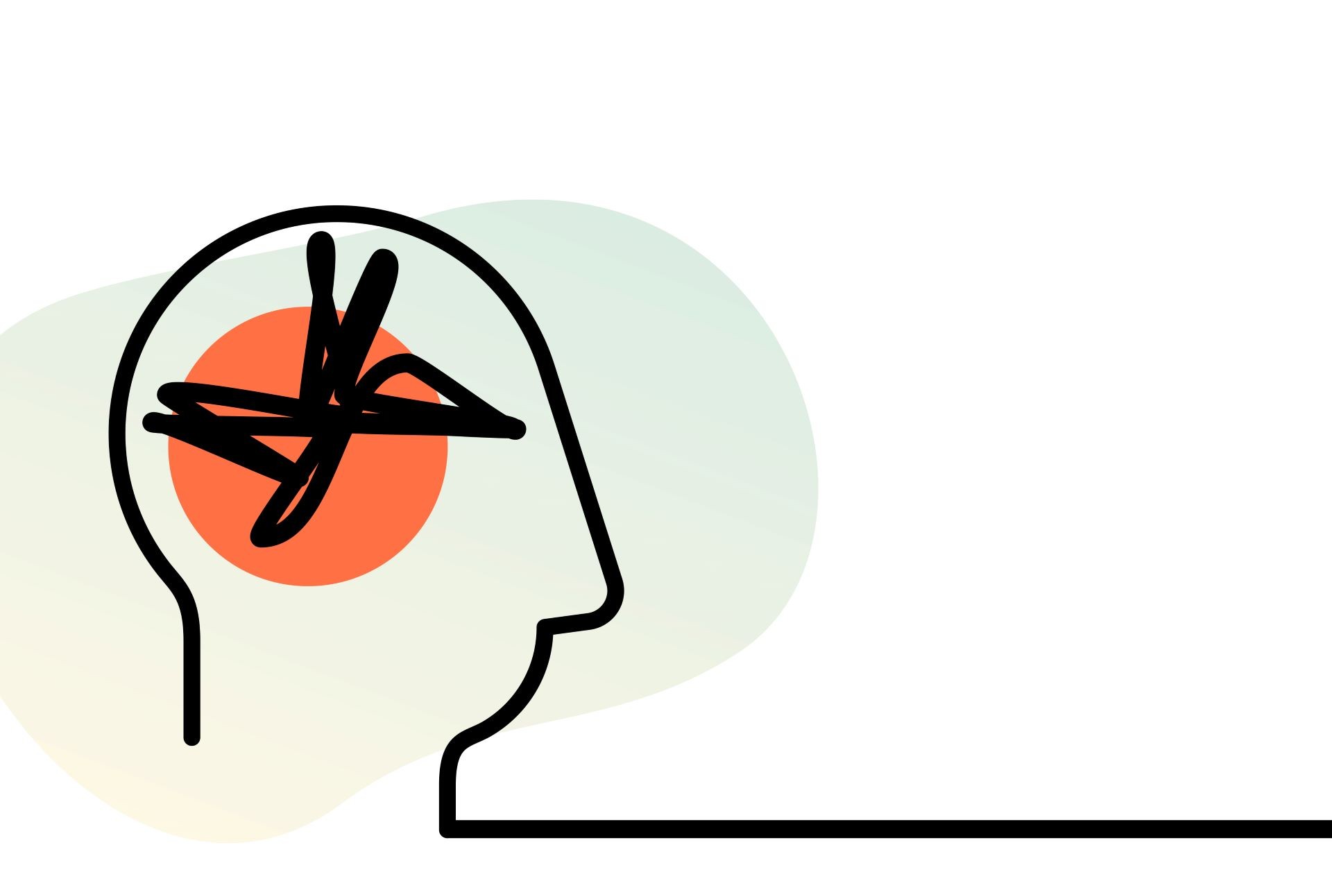 An abstract representation of a profile with an orange circular motif with black squiggles representing the brain